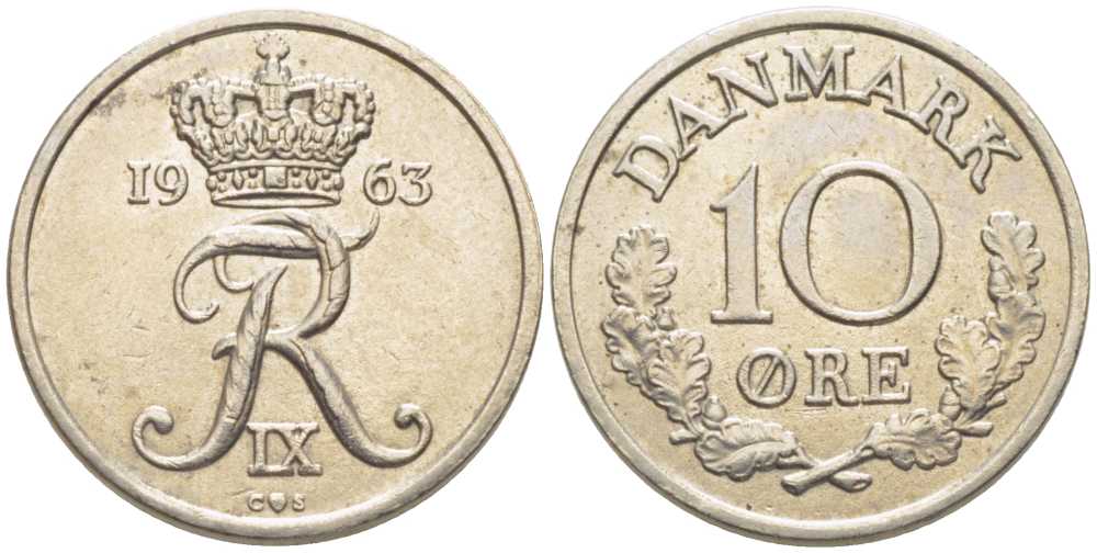 ДАНИЯ 10 ЭРЕ 1963 C;S, ФРЕДЕРИК IX (1947-1972) KM 849,1 медно-никель 201-1222