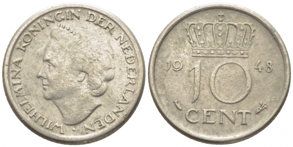 Нидерланды 10 центов 1948 Вильгельмина (1895-1948) KM 177 никель 112-254