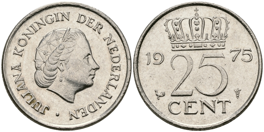 Нидерланды 25 центов 1975 Юлиана (1949-1980) KM 183 никель 96-238