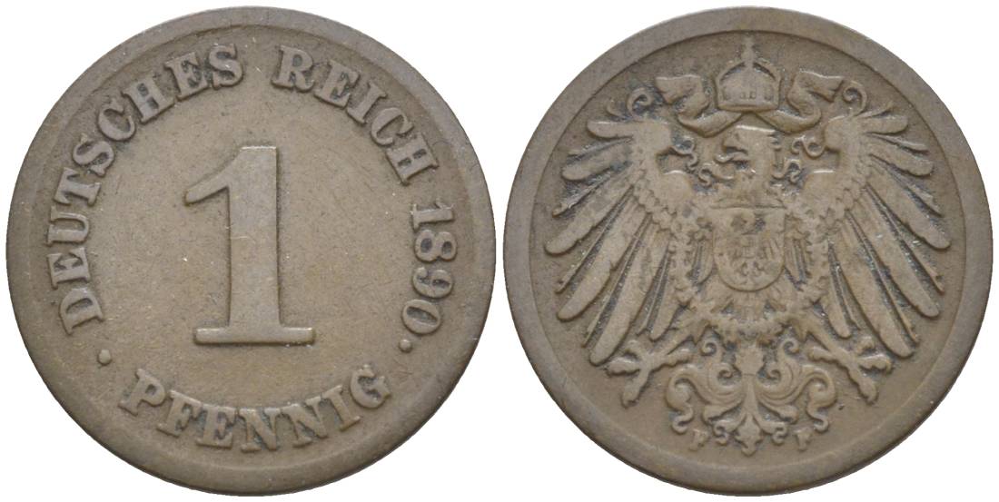 ГЕРМАНИЯ 1 ПФЕННИГ 1890 F KM 10, Jager. 10, Weege 2 медь 4528-1118