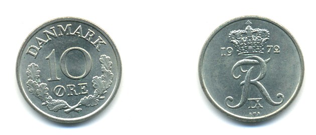 ДАНИЯ 10 ЭРЕ 1972 S; S, ФРЕДЕРИК IX (1947-1972) KM 849.2 медно-никель 80-814
