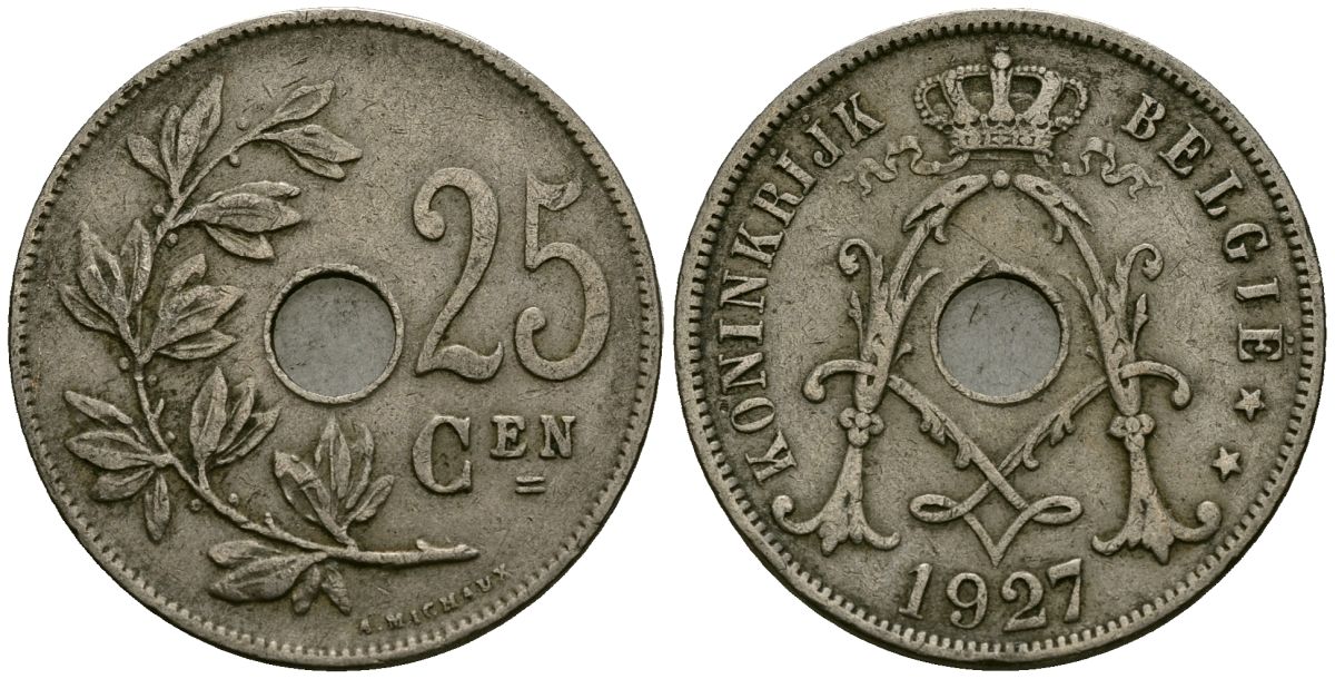 Бельгия 25 сантимов 1927 BELGIE KM 69 медно-никель 4172-123