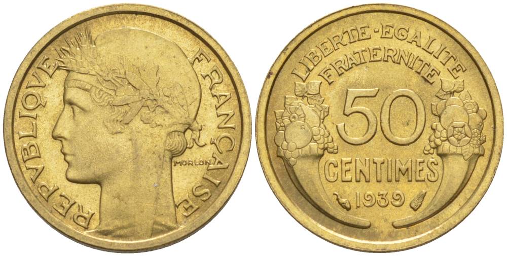 ФРАНЦИЯ 50 САНТИМОВ 1939 ТИП MORLON KM 894.1, LE FRANC 192.15 алюминиевая бронза 44-824