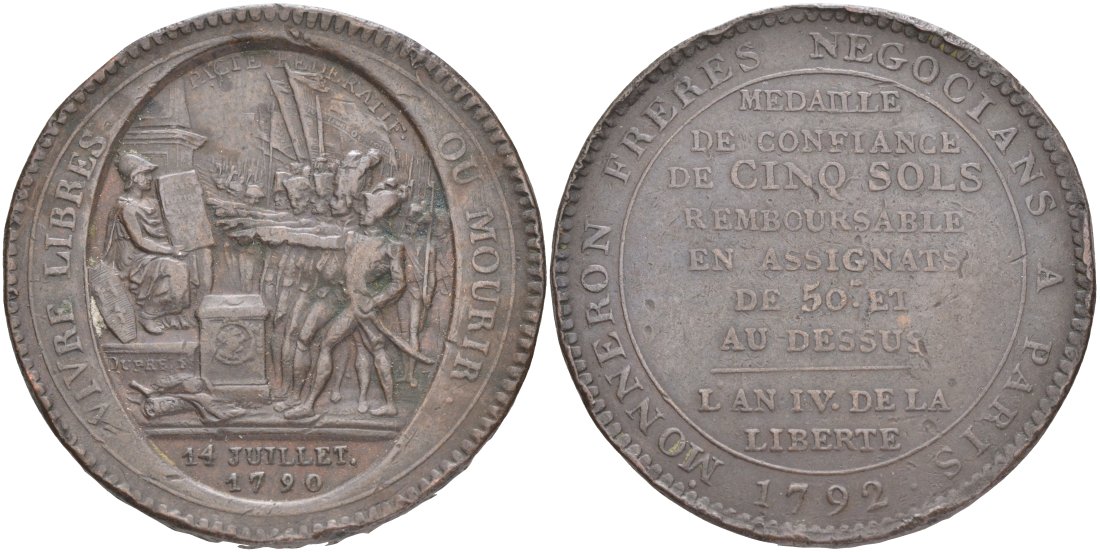 Франция 5 солей (су) 1792 LAN 4, революции, токен, VIVRE LIBRAS OU MOURIR ("Жить свободным или умереть", MONNERON FRERES NEGOCIANS A PARIS (Торговцы братья Моннерон. Париж). KM Tn31, Guilloteau 291, Mazard 145 бронза 4552-935