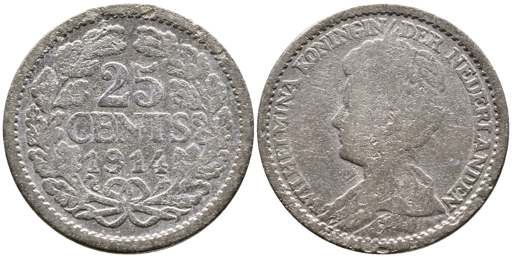 Нидерланды 25 центов 1914 Вильгельмина (1890-1948) KM 146  серебро 4387-726