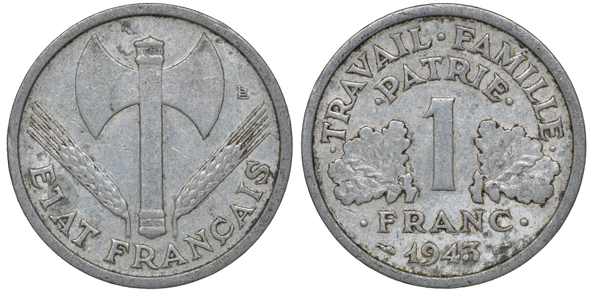 Франция 1 франк 1943 правительство Виши KM 902.1, Le Franc 223.3 алюминий 4163-422