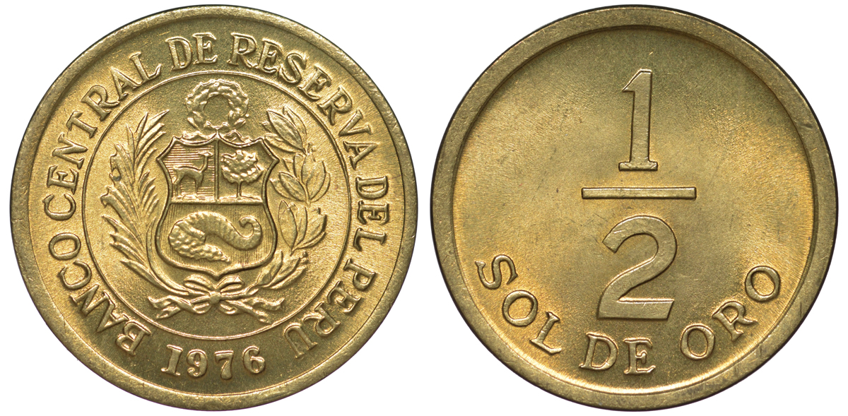 Перу 1/2 соля 1976 KM 265 латунь aUNC 4189-951