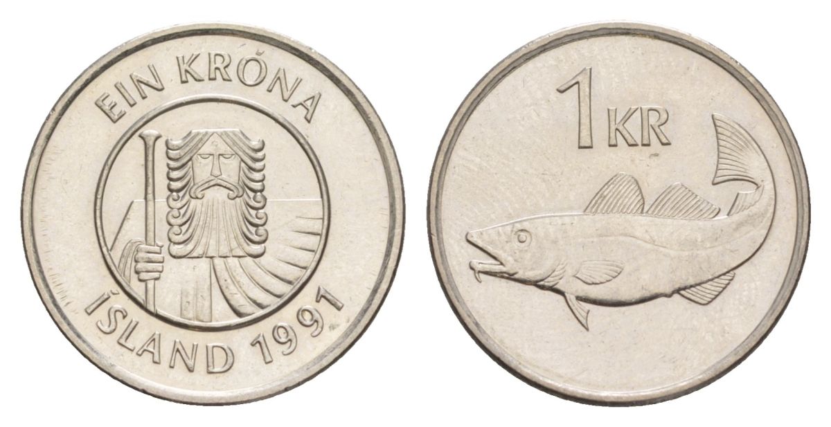 Исландия 1 крона 1991 треска KM 27a сталь плакированная никелем UNC 4633-1257