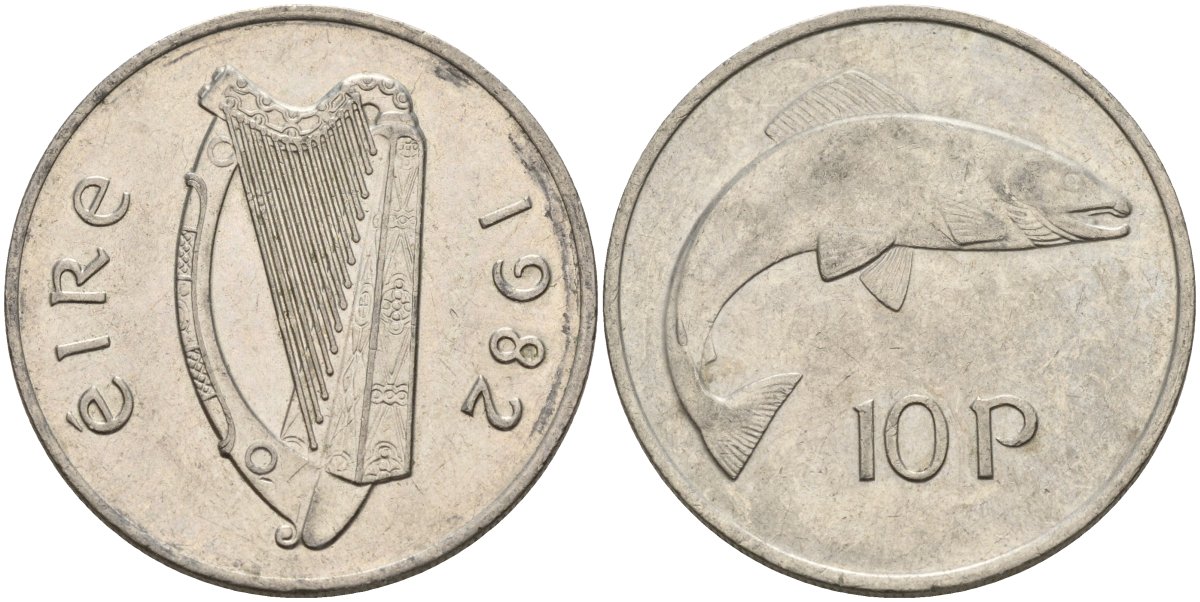 Ирландия 10 пенсов 1982 лосось KM 23 медно-никель 4144-1026