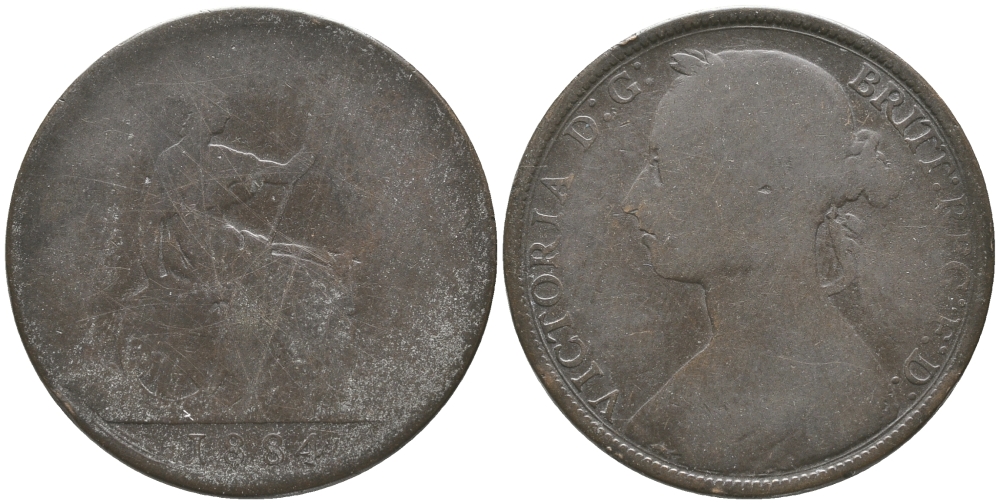 Великобритания 1 пенни 1884 Виктория (1837-1901) KM 755, Spink 3954 бронза 32-425
