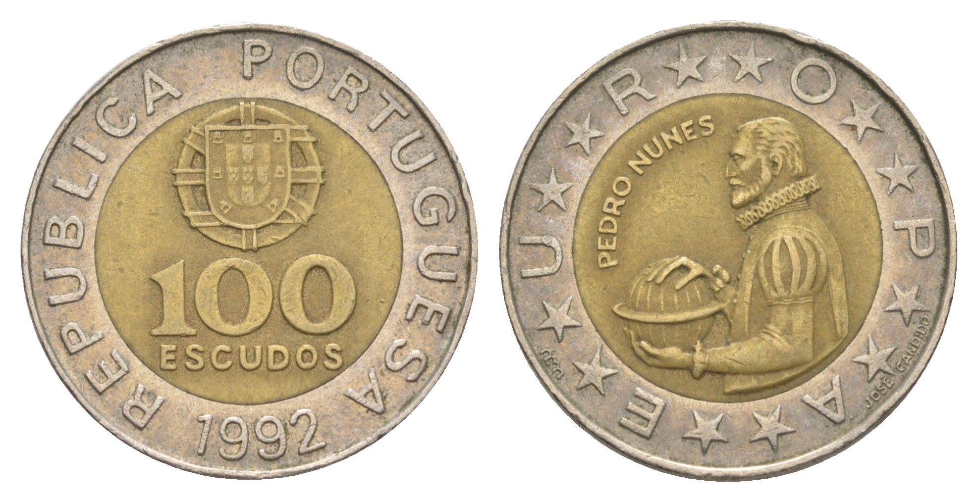 Португалия 100 эскудо 1992 Педру Нуниш (1502-1578), математик KM 645 биметалл 4390-936