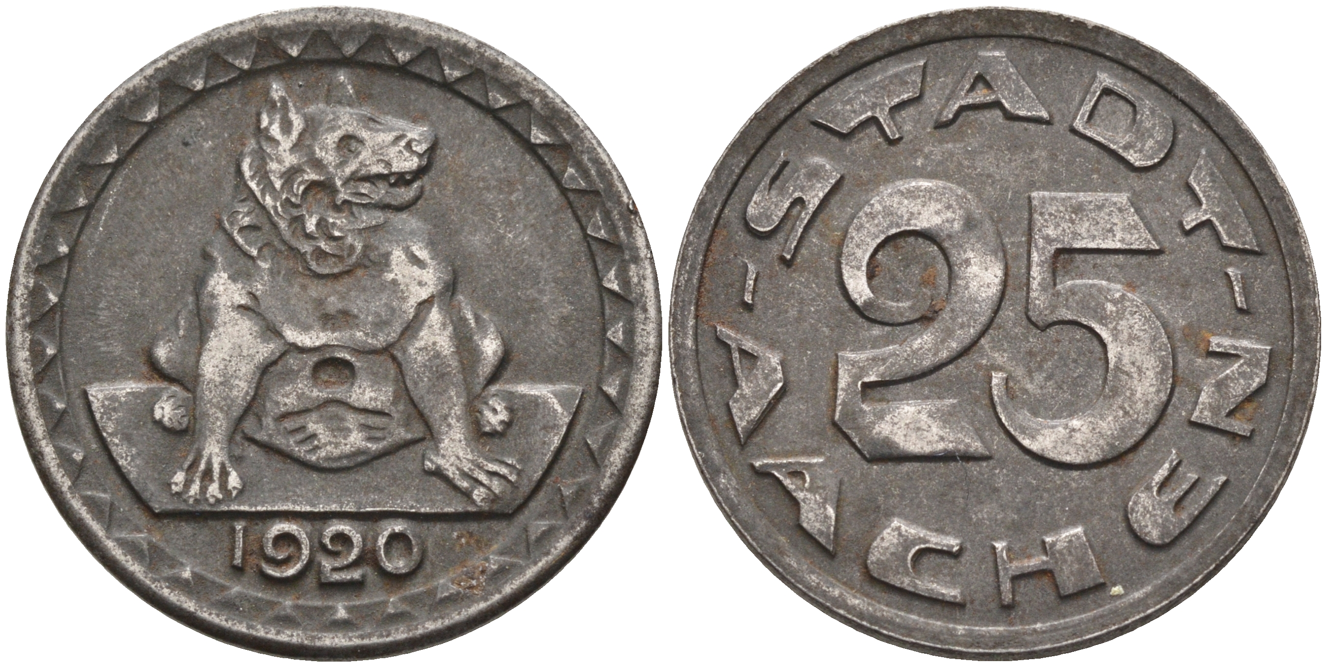 город Аахен 25 пфеннигов 1920 нотгельд, собака  цинк 4595-247
