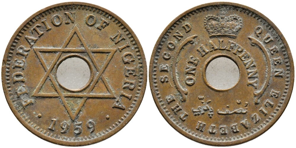 Нигерия 1/2 пенни 1959 Елизавета II (1952-), Британский протекторат KM 1 бронза 4387-421