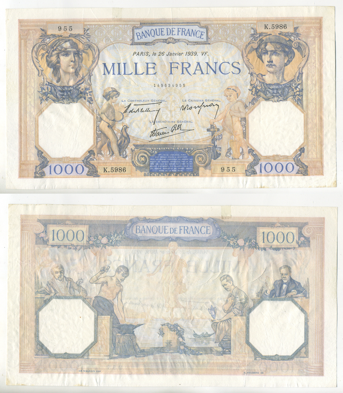 ФРАНЦИЯ 1000 ФРАНКОВ 1939 26 ЯНВАРЯ 1939 Pick 90c бумага 7552-3-1