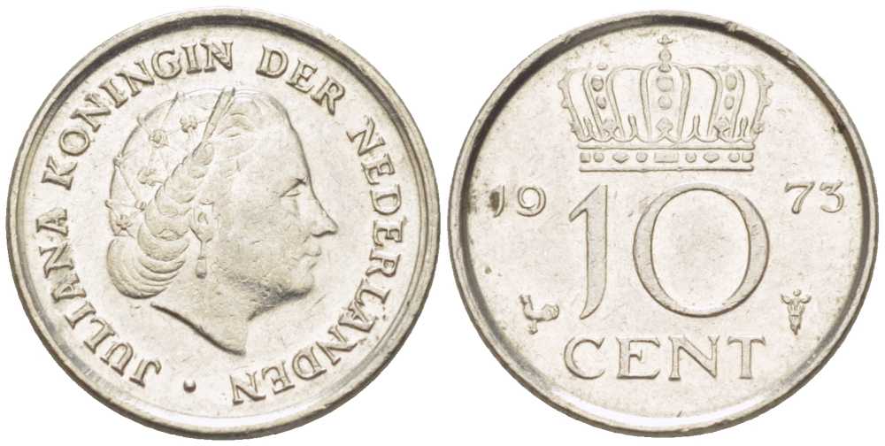 НИДЕРЛАНДЫ 10 ЦЕНТОВ 1973 ЮЛИАНА (1948-1980) KM 182 никель 214-1265