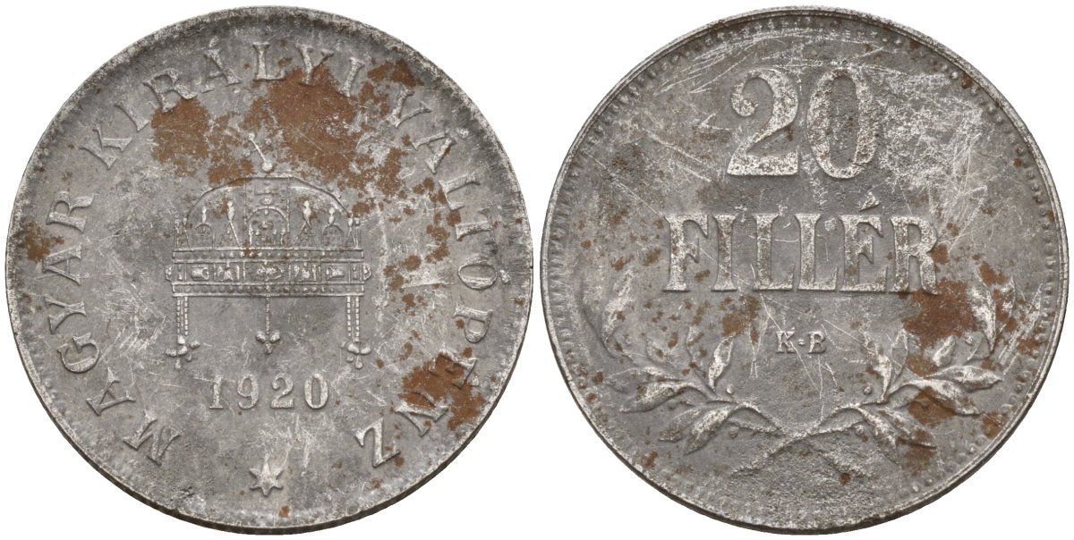 Венгрия 20 филлеров 1920 КВ, Карл I (1916-1918), редкий год KM 498 железо 4151-1026
