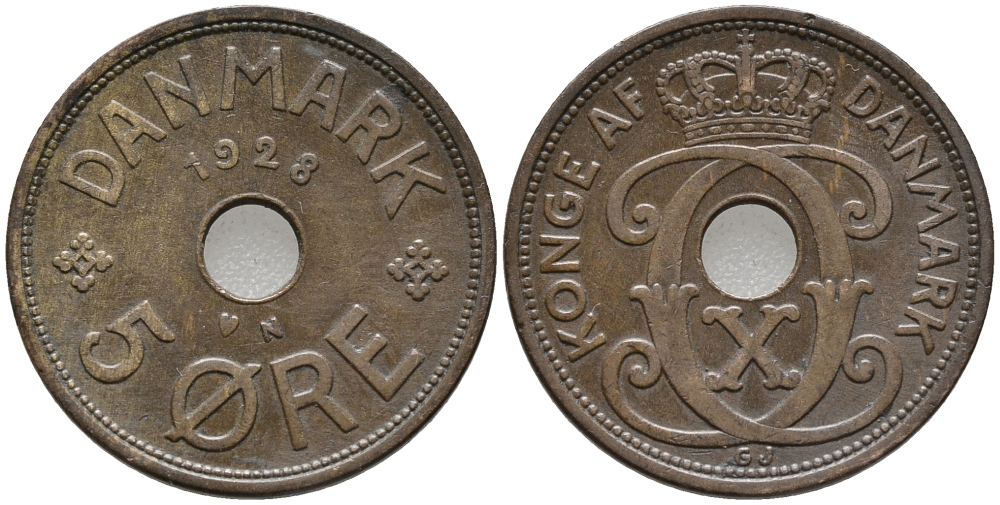 ДАНИЯ 5 ЭРЕ 1928 N; GJ, КРИСТИАН X (1912-1947) KM 828.2 бронза 32-1033