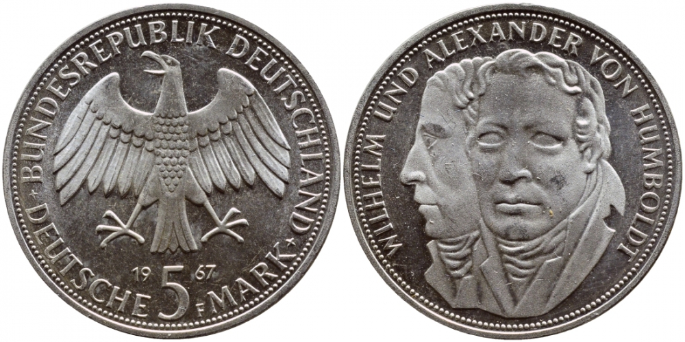 ФРГ 5 марок 1967 F, Вильгельм и Александр фон Гумбольдт J. 395, KM 120.1 серебро UNC 1520-1234