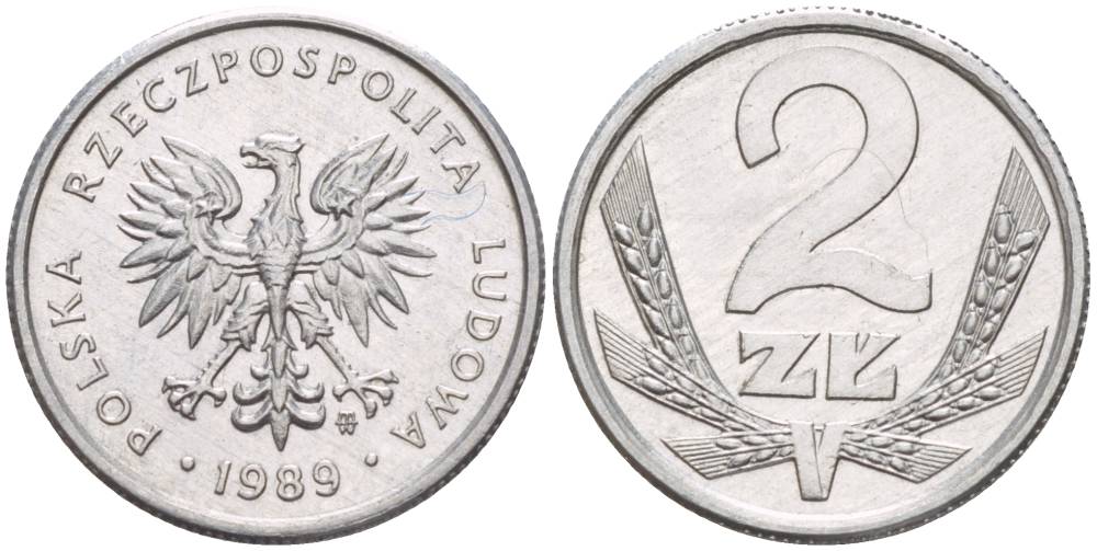 Польша 2 злотых 1989 MW, Народная Республика KM 80.3, Parchimowicz 219a алюминий 4544-554