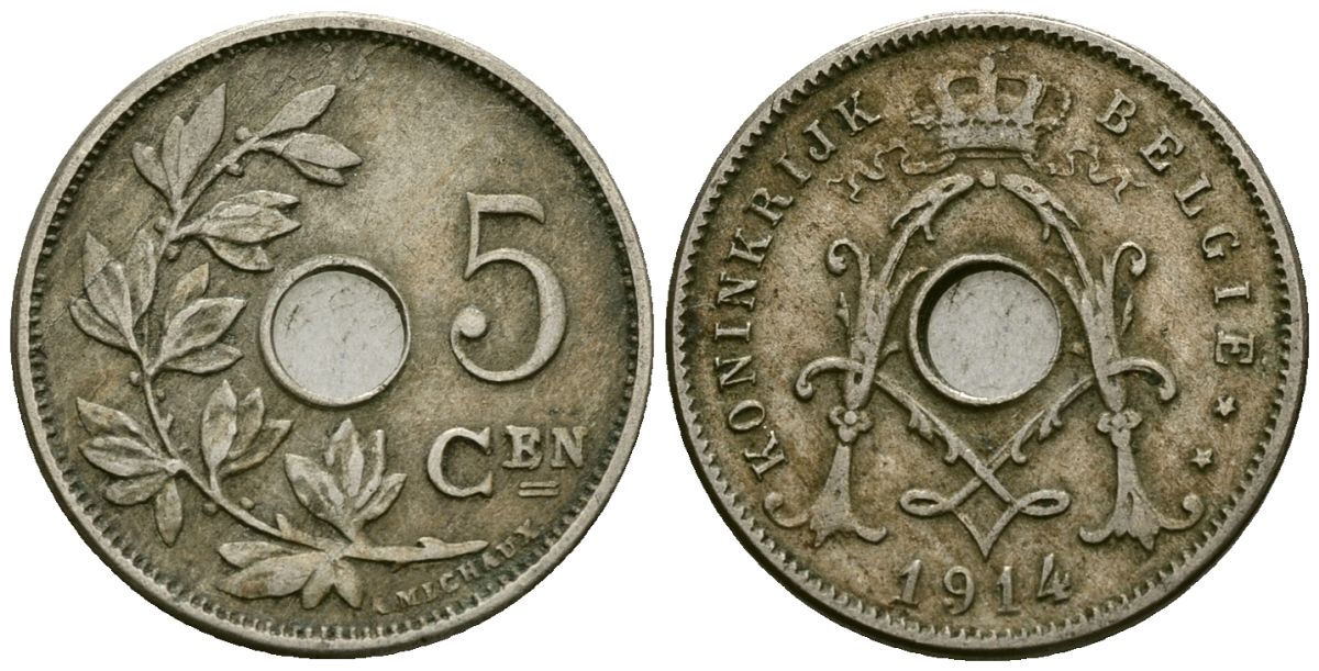 Бельгия 5 сантимов 1914 Belgie KM 67 медно-никель 4173-213