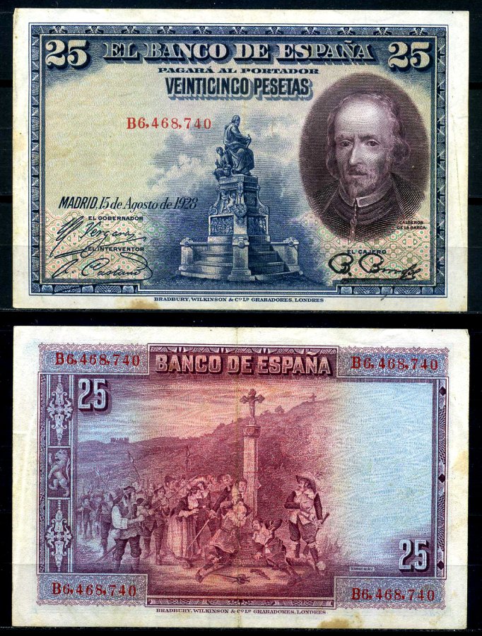 Испания 25 песет 1928 серия, Пьедро Кальдерон де ла Барка Pick 74b бумага 7203-52-1-2