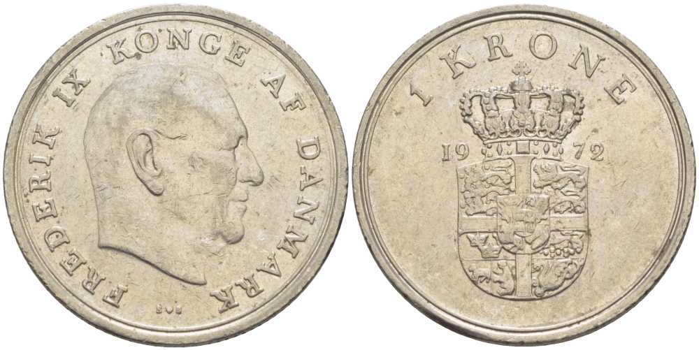 Дания 1 крона 1972 S; S, Фредерик IX (1947-1972) KM 851.2 медно-никель 4388-141