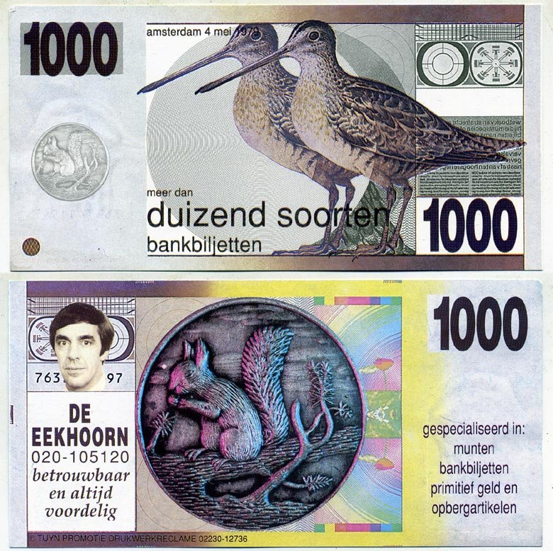 НИДЕРЛАНДЫ СУВЕНИРНАЯ БАНКНОТА ND DUIZEND SOORTEN BANKBILJETTEN, АМСТЕРДАМ 4 МАЯ, ПТИЧКИ, БЕЛКА бумага UNC (ПРЕСС) 7146-53-2-1