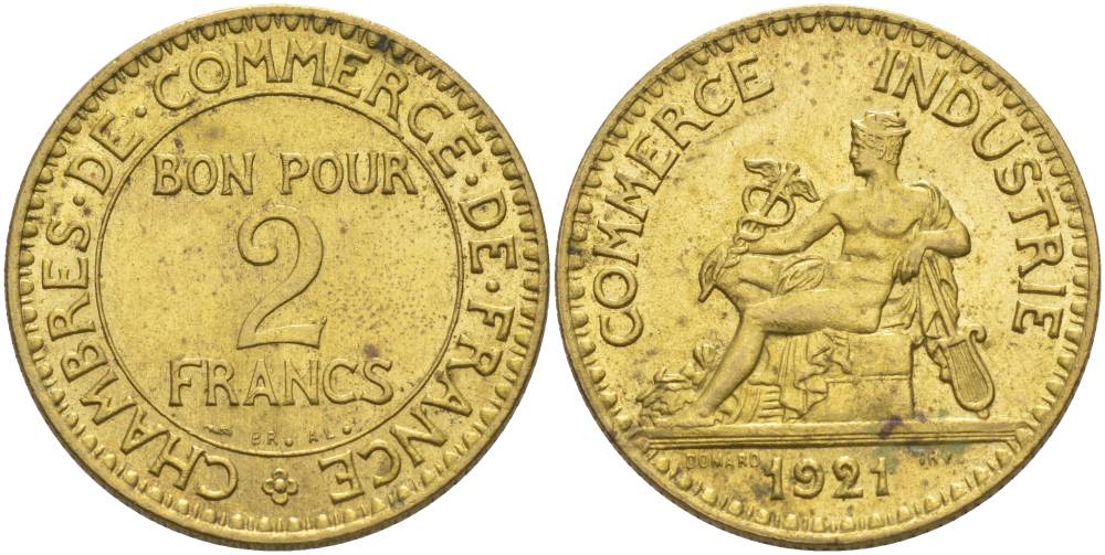 ФРАНЦИЯ 2 ФРАНКА 1921 ТИП CHAMBRES DE COMMERCE KM 877, LE FRANC 267.3 алюминиевая бронза 69-1132