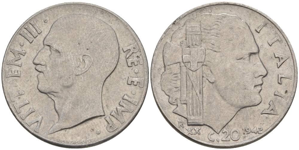 ИТАЛИЯ 20 ЧЕНТЕЗИМО 1942 R, ГОД XX, ВИКТОР ЭММАНУИЛ III (1900-1946), МАГНИТНАЯ, ГУРТ РИФЛЁНЫЙ KM 75b, VEM3. 1029 нержавеющая сталь 3853-437