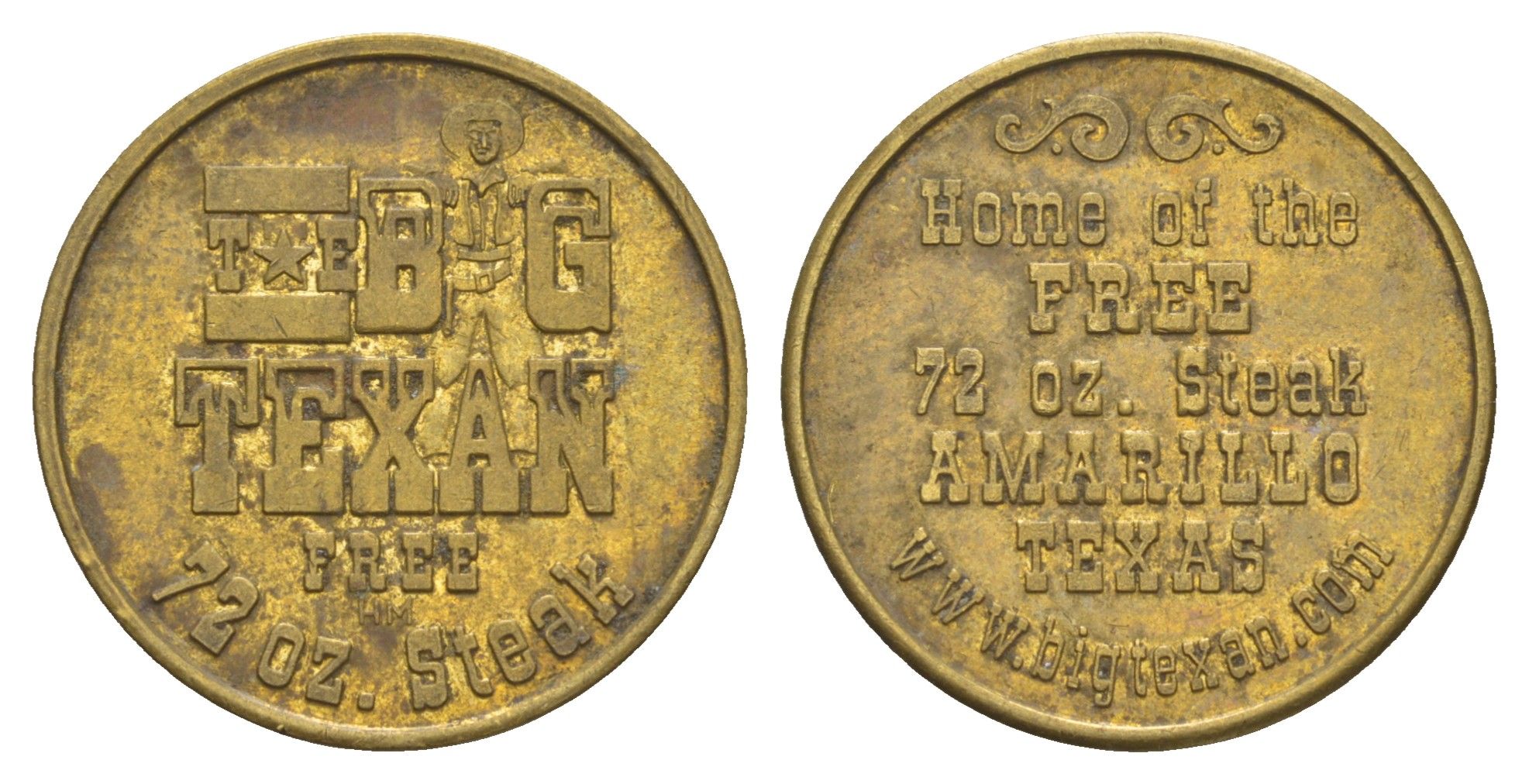 США, Техас жетон ресторана The Big Texan Steak Ranch диаметр 24 мм, вес 5,5 гр латунь 4656-511