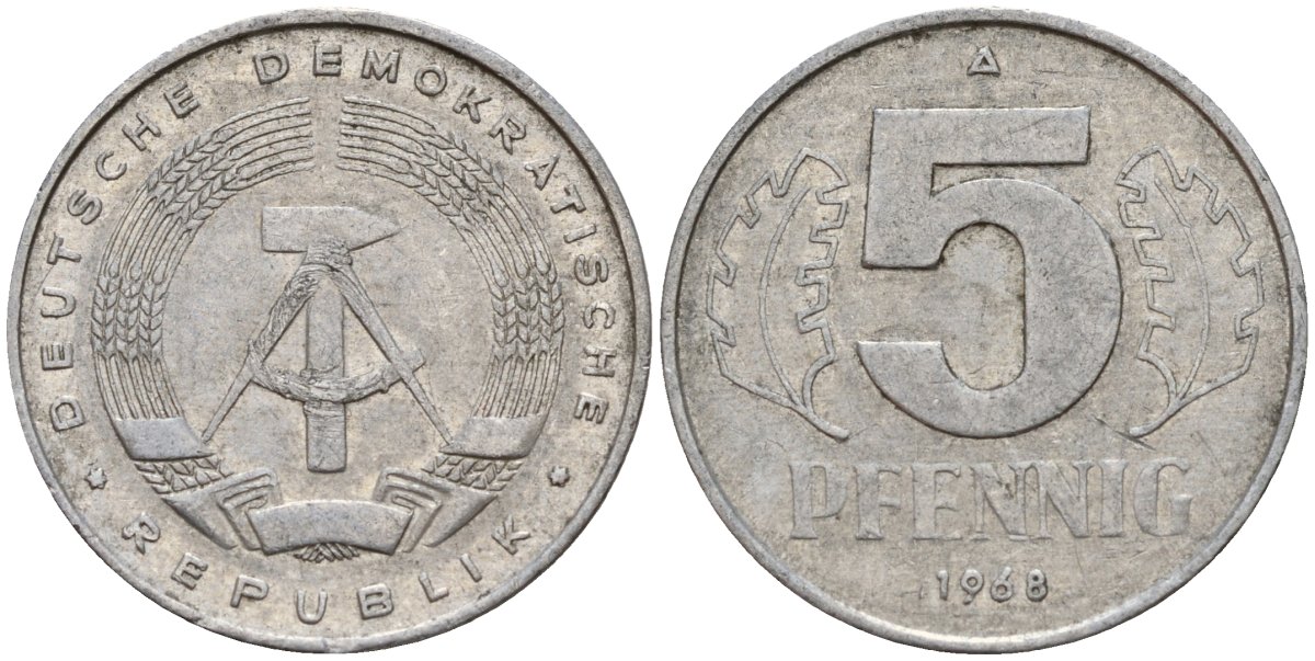 ГДР 5 пфеннигов 1968 A KM 9.1 алюминий 211-867