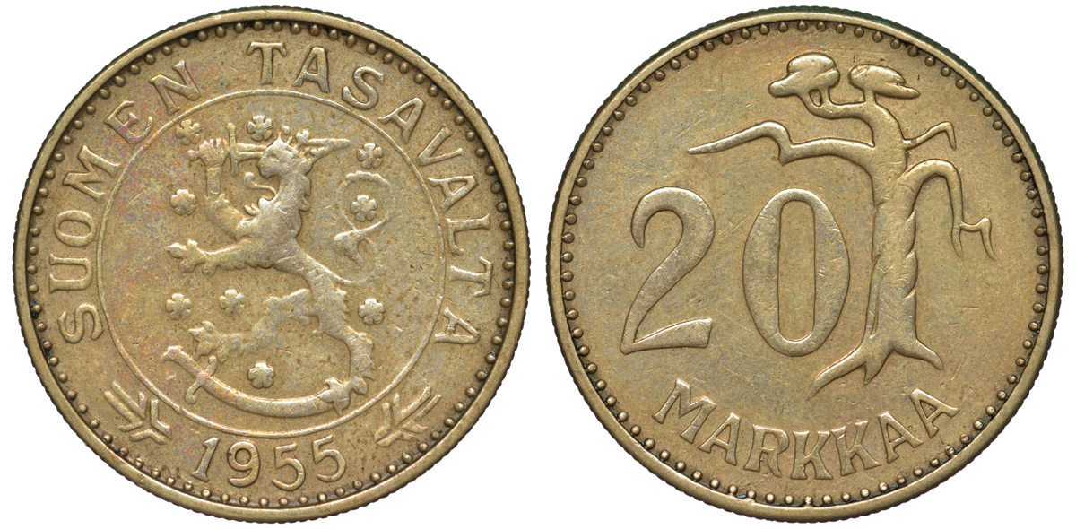ФИНЛЯНДИЯ 20 МАРОК 1955 H KM 39 алюминиевая бронза 3334-736