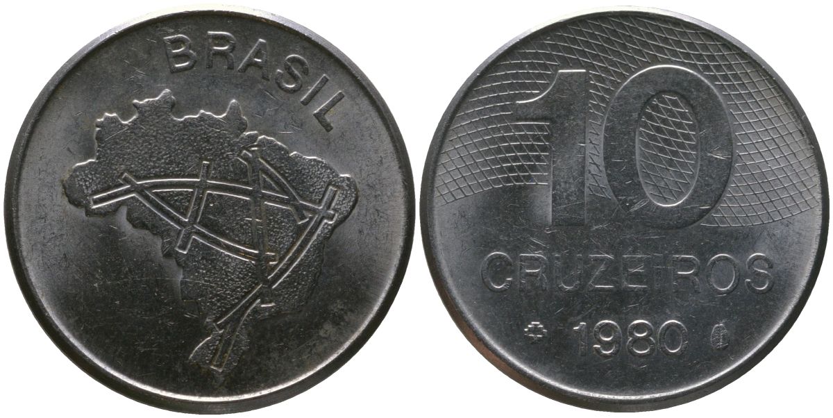 Бразилия 10 крузейро 1980 KM 592.1, Schon 101 нержавеющая сталь 4514-927