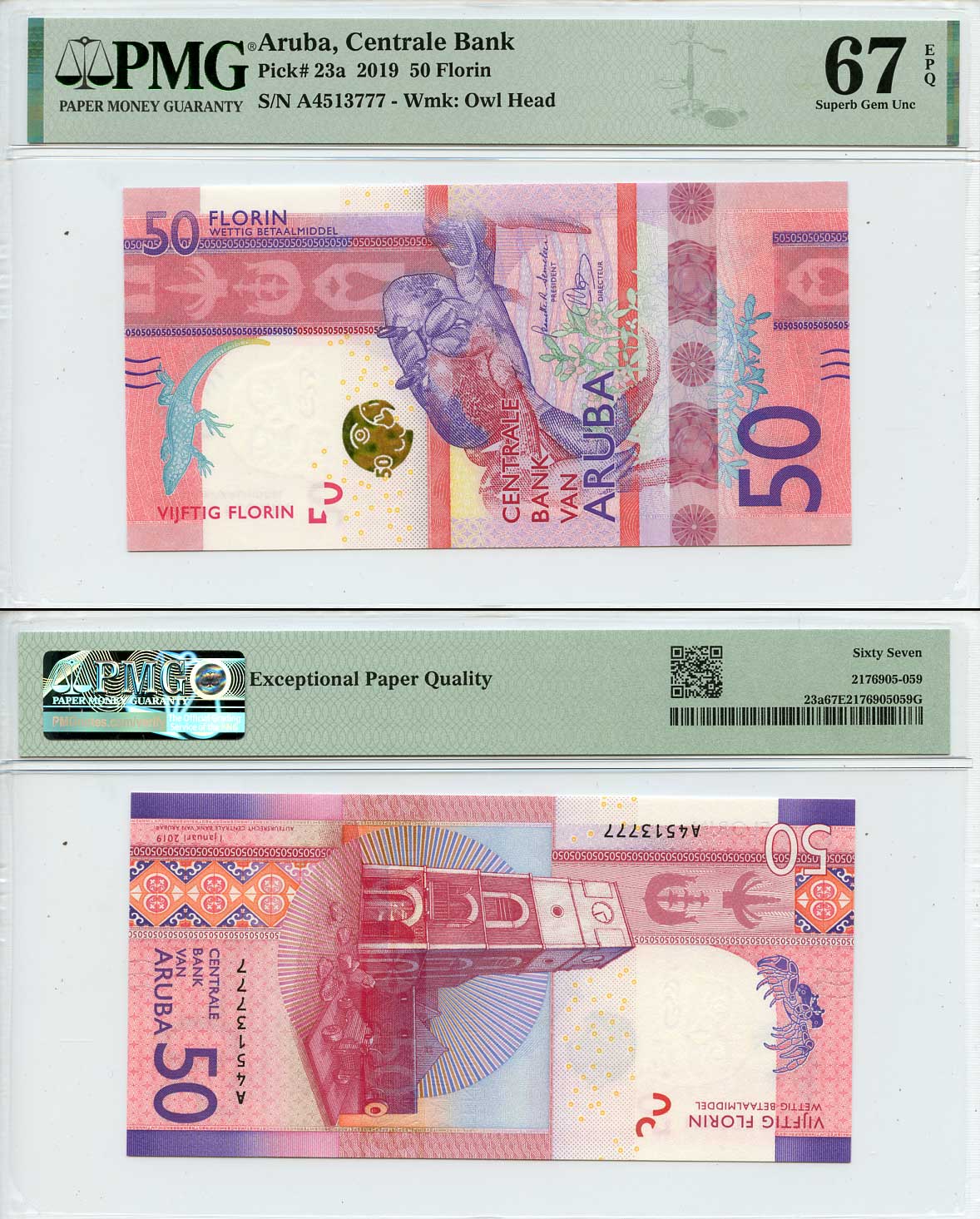 Аруба 50 флоринов 2019 краб, башня Виллема III, Форт Зутман (Ораньестад), в слабе PMG Super Gem 67 Pick 23  бумага  UNC (пресс) 452-2-18