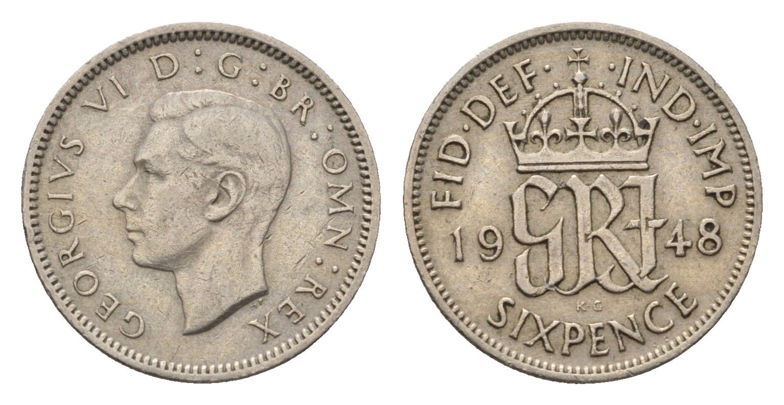 Великобритания 6 пенсов 1948 Георг VI (1936-1952) KM 862, Spink 4105 медно-никель 4696-814