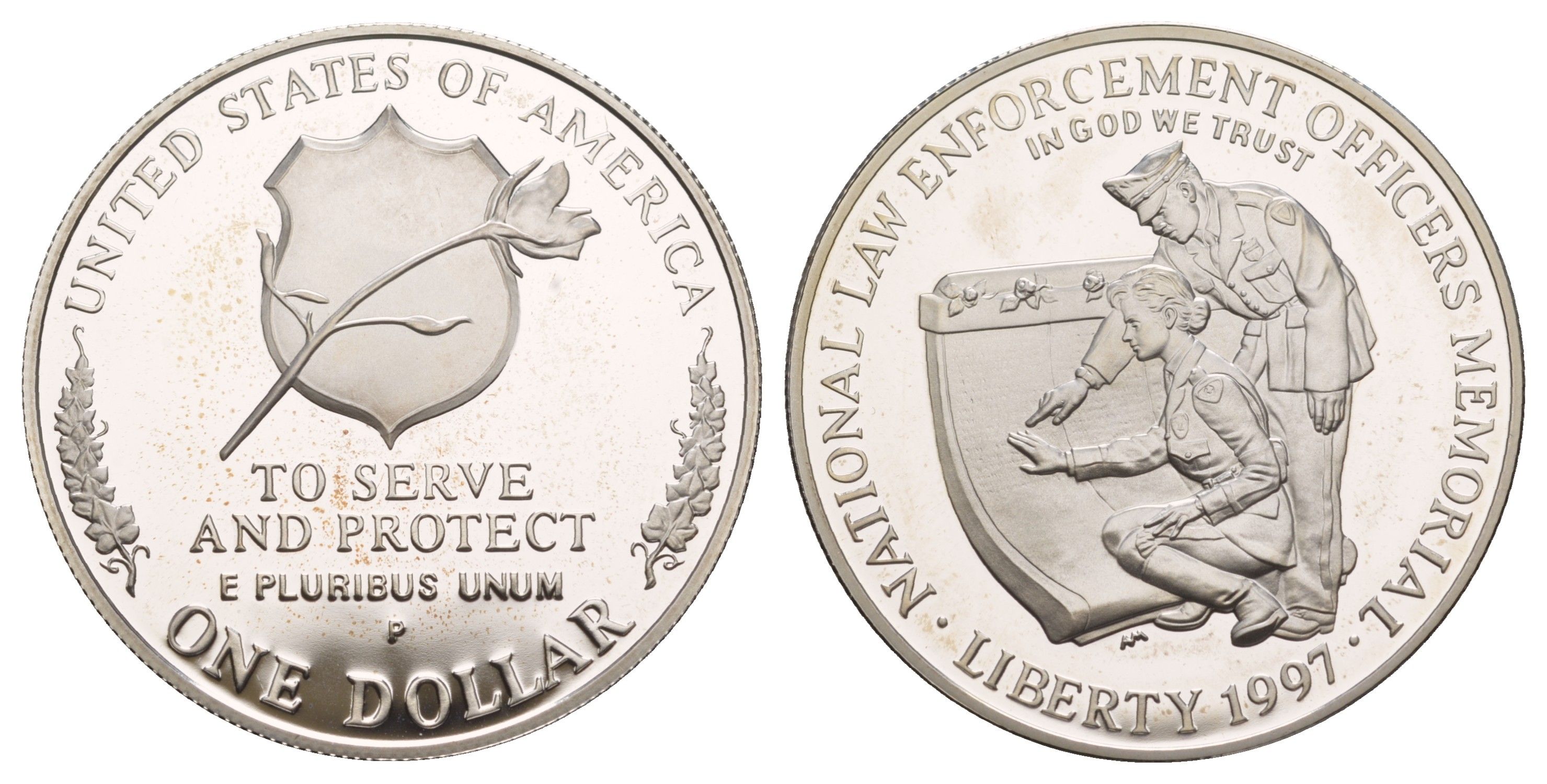 США 1 доллар 1997 P, Национальный Мемориал сотрудников правоохранительных органов KM 281 серебро PROOF 11-256-25