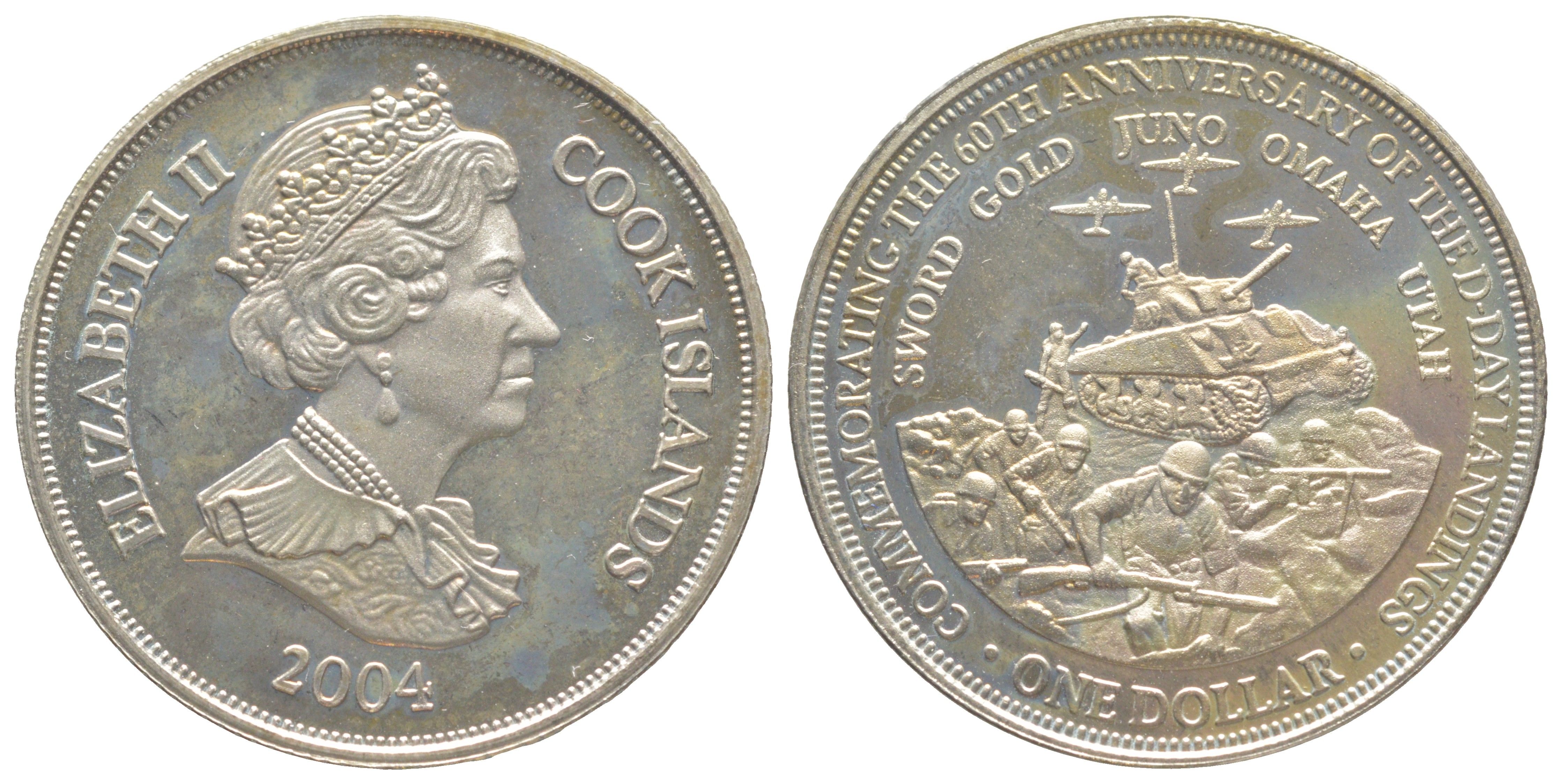 Острова Кука 1 доллар 2004 60 лет Высадке в Нормандии KM 454 медно-никель плакированный серебром BU 01-238-43