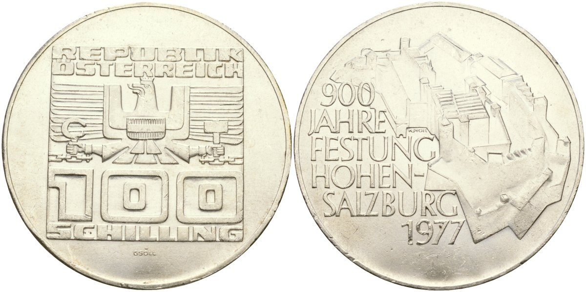 Австрия 100 шиллингов 1977 900 лет Хоэнзальцбург крепости KM 2935 серебро UNC 02-118-33