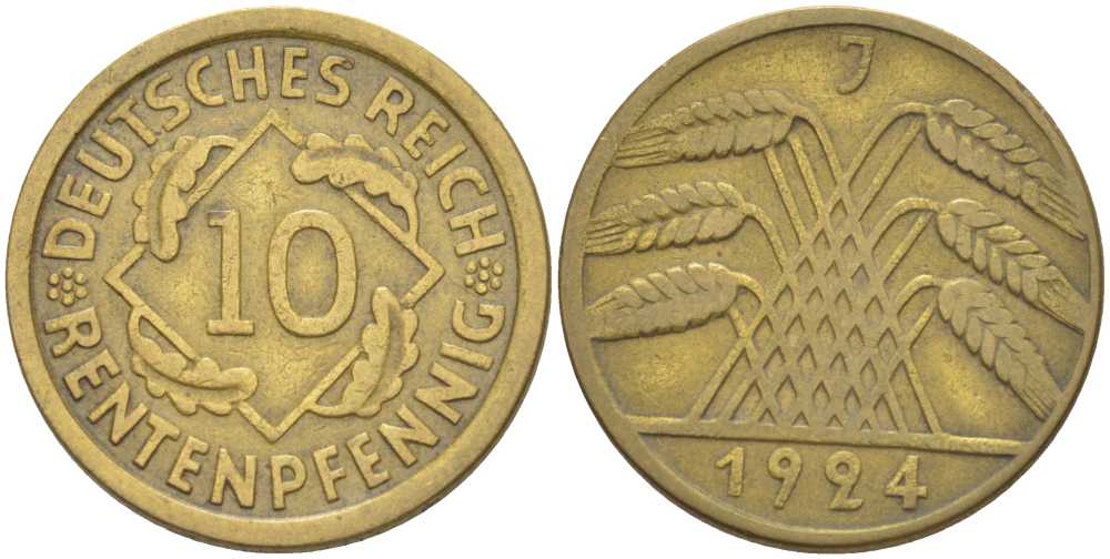 ГЕРМАНИЯ 10 РЕНTЕНПФЕННИГОВ 1924 J KM 33, J. 309, Weege 8 алюминиевая бронза 210-321