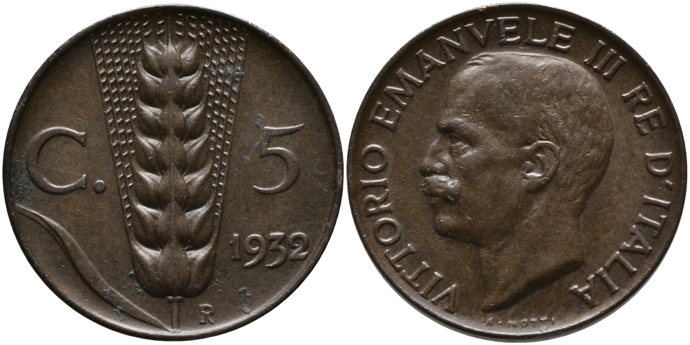 ИТАЛИЯ 5 ЧЕНТЕЗИМО 1932 R, ВИКТОР ИМАНУИЛ KM 59 медь 75-1039