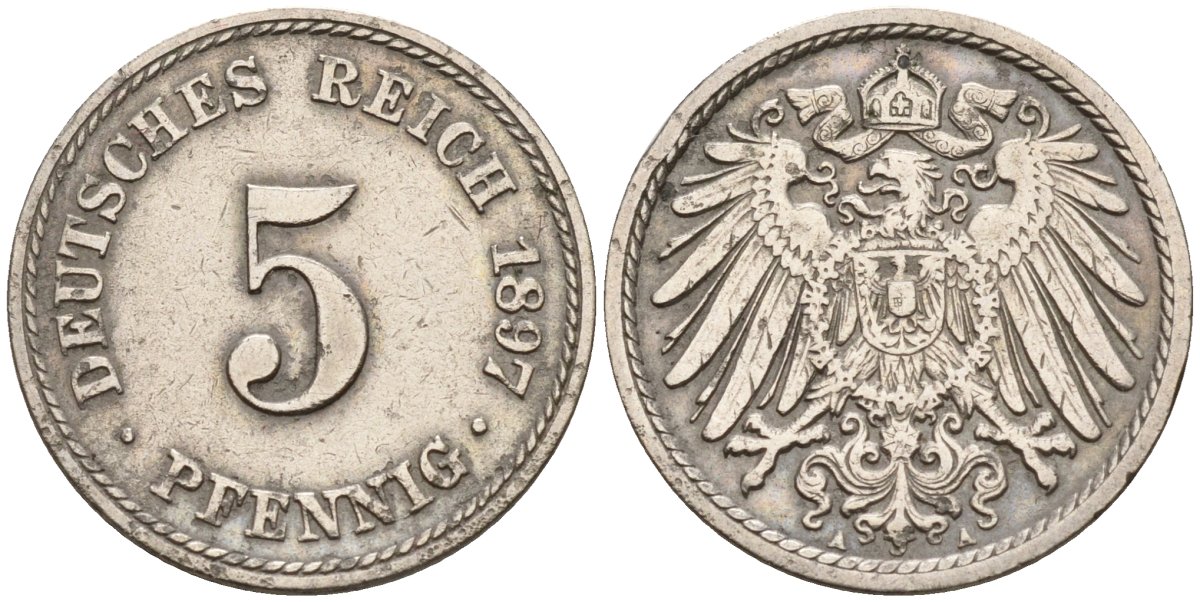 Германия 5 пфеннигов 1897 A KM 11, J. 12 медно-никель 4151-412