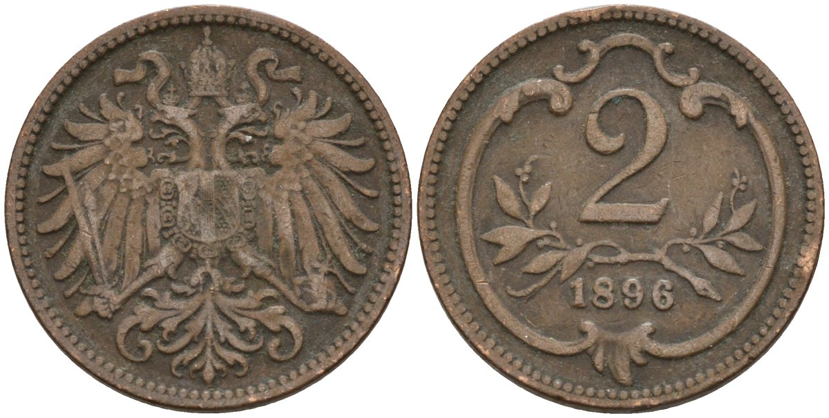 Австрия 2 геллера 1896 Франц Иосиф (1848-1916) KM 2801 бронза 4152-116