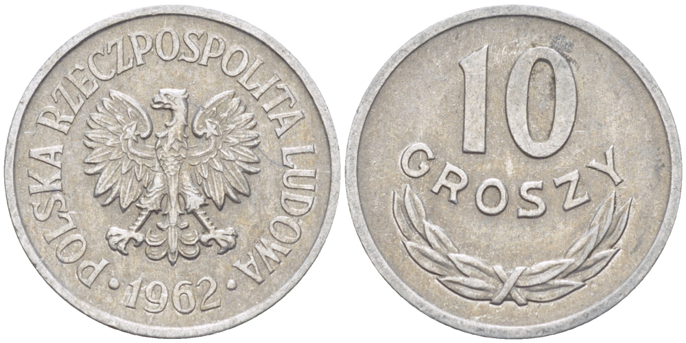 ПОЛЬША 10 ГРОШЕЙ 1962 MW, РЕДКИЙ ГОД KM AA47, Parchimowicz 206b алюминий 4181-213