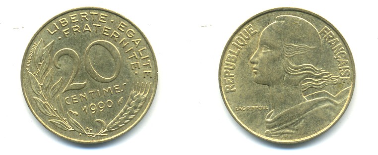 ФРАНЦИЯ 20 САНТИМОВ 1990 KM 930 медь алюминий никель 25-346