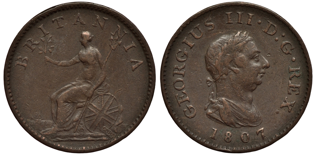 Великобритания 1 фартинг 1807 Георг III (1760-1820) KM 661, Spink 3782 медь 1523-1011