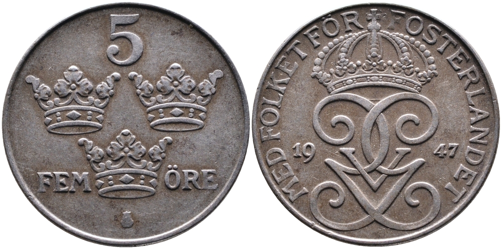 Швеция 5 эре 1947 Густав V (1907-1950) KM 812 железо 4389-134