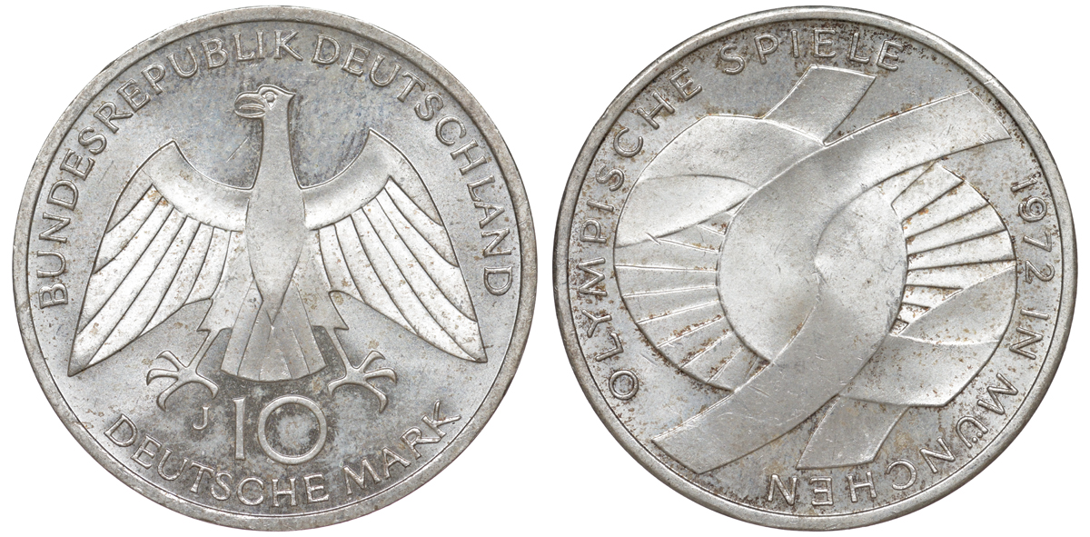 ФРГ 10 марок 1972 J, XX летние Олимпийские игры 1972 года в Мюнхене, символика KM 131, J.402 серебро aUNC 4178-815
