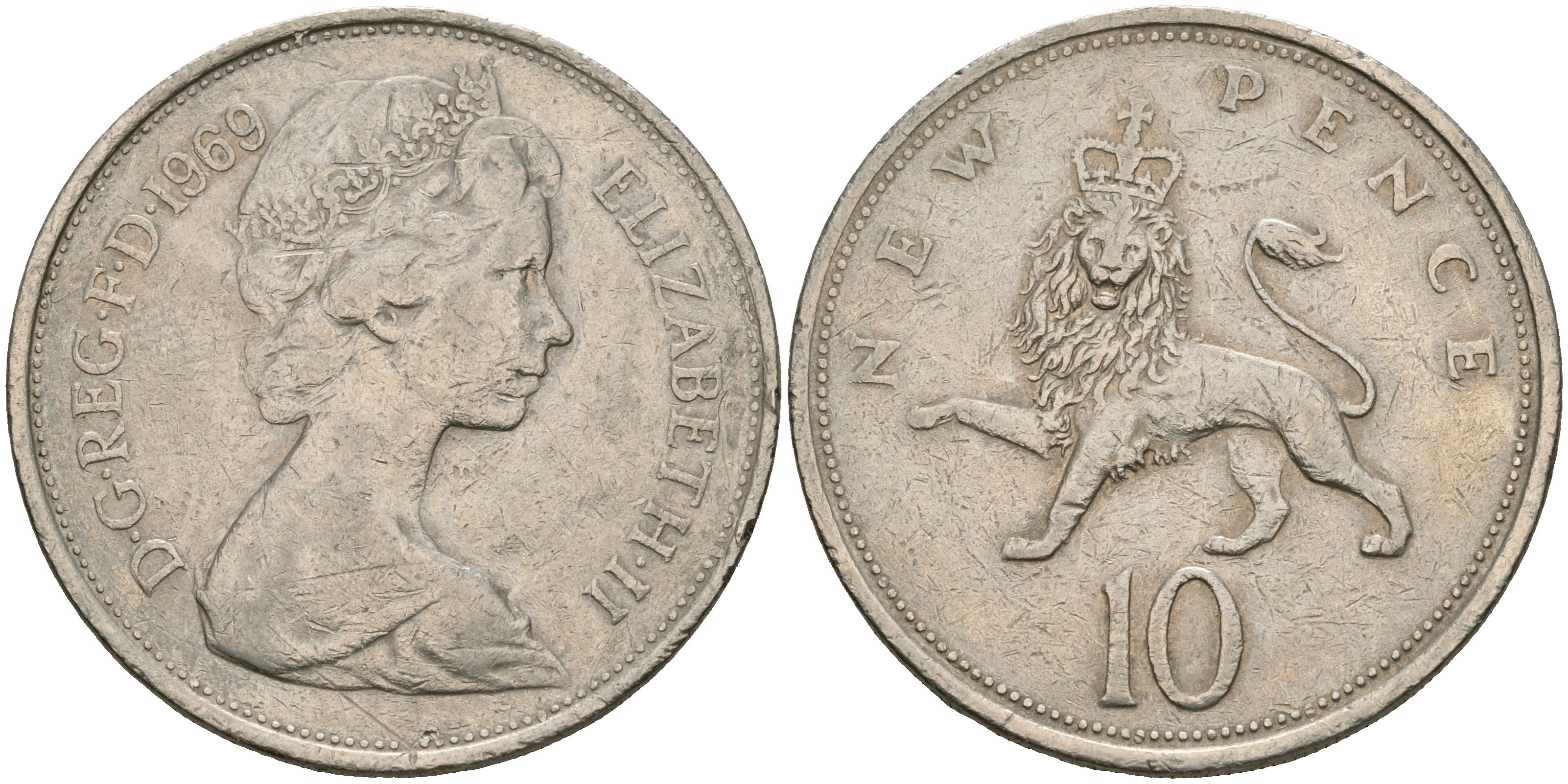 Великобритания 10 пенсов 1969 Елизавета II (1952-2022) KM 912, Spink 4231 (F1) медно-никель 08-426