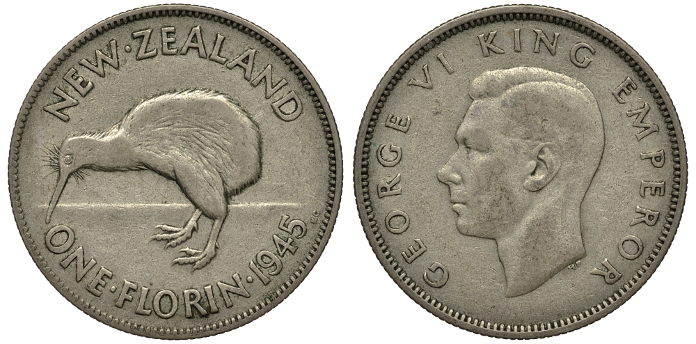 Новая Зеландия 1 флорин 1945 Георг VI (1936-1952), птичка киви KM 10.1 серебро 272-1621