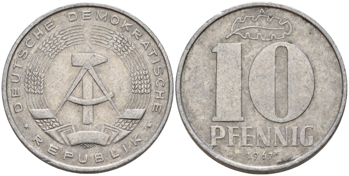ГДР 10 пфеннигов 1967 A KM 10 алюминий 27-1251